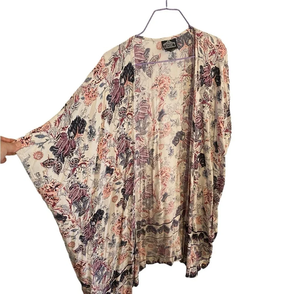 Angie white pink blue midi floral Boho kimono cover up vacation resortwear